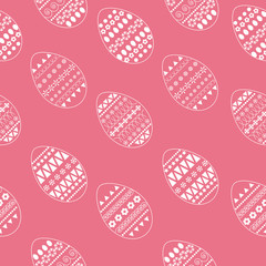 Vector seamless pattern of ornate white easter eggs. Fresh and spring design for greeting cards, textile, booklet, fabric, sticker, stencil. Dots, flowers, stripes, curves, ovals, triangles