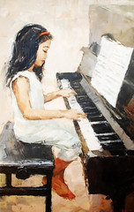 oil painting cute little girl that plays the piano - 101626820