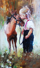 oil Painting of Little girl petting her best friend pony at countryside outdoors - 101626833