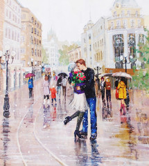 painting, a pair of lovers under an umbrella,  - 101626845