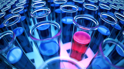 3D rendered blue laboratory test tubes with red positive results - obrazy, fototapety, plakaty