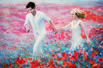 oil Painting of Couple walking in poppy field holding hands smiling - 101626898