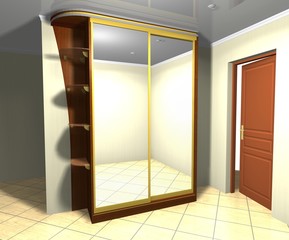 3D rendering illustration  interior design Cabinet with mirrored sliding doors