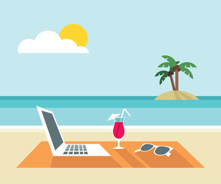 Laptop, cocktail, sunglasses on the beach - flat design