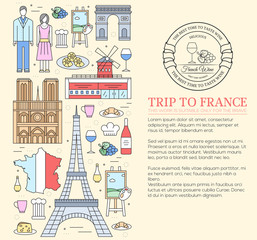 Fototapeta na wymiar Country France trip guide of goods, places in thin lines style design. Set of architecture, fashion, people, nature background concept. Infographic template design for web and mobile on vector flat 