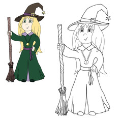 witch in the green dress in color and contour vector illustration