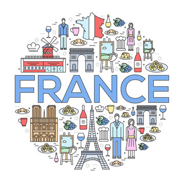 Country France trip guide of goods, places in thin lines style design. Set of architecture, fashion, people, nature background concept. Infographic template design for web and mobile on vector flat 