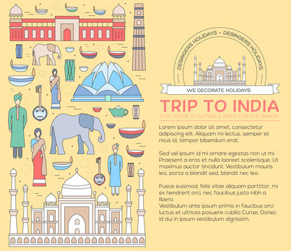 Country India travel vacation guide of goods, places and features. Set of architecture, fashion, people, items, nature background concept. Infographics template design for web and mobile on thin lines