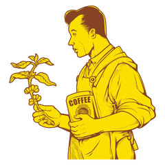 vector illustration of man holding coffee tree branch. vintage ink drawing