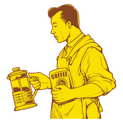 Vector illustration of man holding French press. vintage coffee ink drawing.