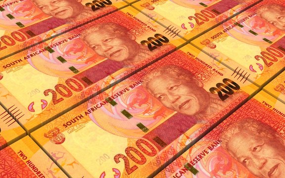 South african rands bills stacks background. Computer generated 3D photo rendering.