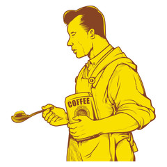 Vector illustration of man holding spoon with ground coffee. vintage coffee ink drawing.