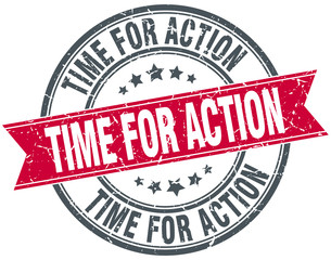 time for action red round grunge vintage ribbon stamp