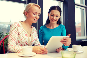 happy young women drinking tea or coffee at cafe