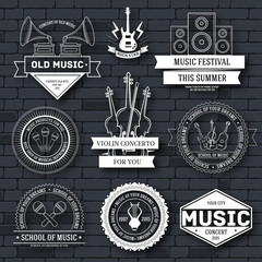 Music set label template of emblem element for your product or design, web and mobile applications with text. Vector illustration with thin lines isolated icons on stamp symbol. 