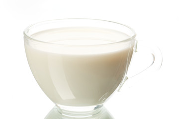 Transparent Cup of milk on white background.