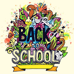 Art abstract illustration with calligraphy text "back to school" background. Vector elements design concept. Template for invintation card or notebook 