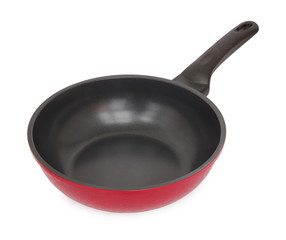 Red frying pan isolated on white background