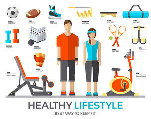 Sport life stile infographic with gym device, equipment and items. Training apparatus on a flat design style. Vector illustration workout concept icons set