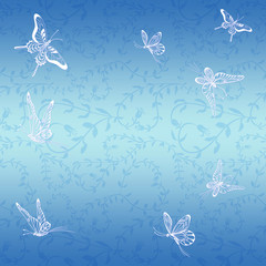 Fototapeta na wymiar Butterflies on the background of leaves and flowers. Seamless background. Pattern for wrapping paper, postcards, fabric.