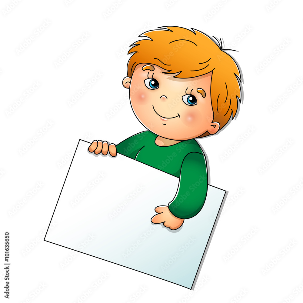 Wall mural cute boy holding a sign isolated on white background