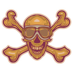 vector retro illustration of human skull head wearing Vintage Motorcycle Goggles and isolated crossbones