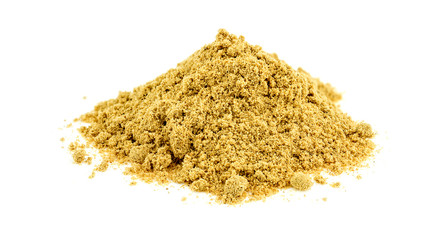 Macro of pile of ginger powder studio isolated on white backgrou