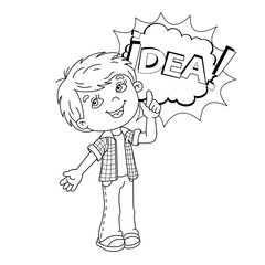 Coloring page outline  of cartoon Boy with great idea