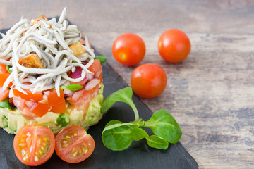 Vegetables and baby eel tartar

