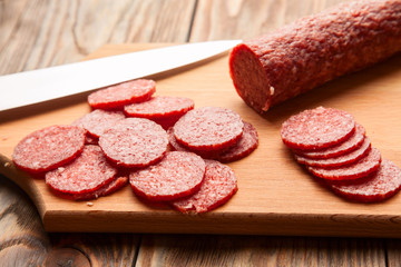 Sausage sliced with a knife