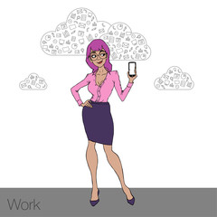 Girl dressed business suit with mobile phone in hand.