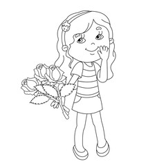 Coloring page outline of girl with bouquet of roses in hand