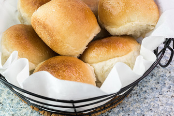 Fresh baked dinner rolls in the basket.