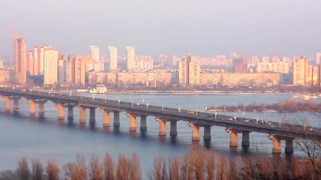 Zooming busy city traffic time lapse of Kiev Ukraine, tilt shift