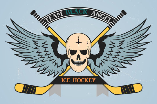 Hockey logo. color logo of the hockey team. vector. command stripe. stick, hockey player, puck, skates. ice hockey