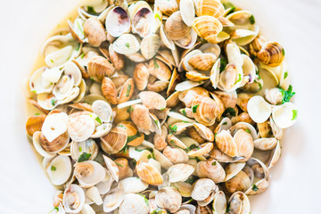 Close-up of delicious mussels soup