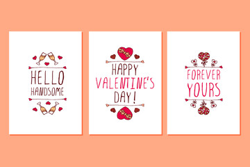 Set of Saint Valentines day hand drawn greeting cards.