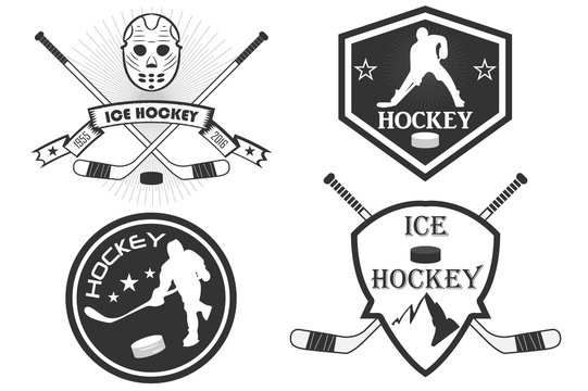 Hockey logo. a set of sports logos with hockey. vector. command stripe. stick, hockey player, puck, skates. mountains. ice hockey