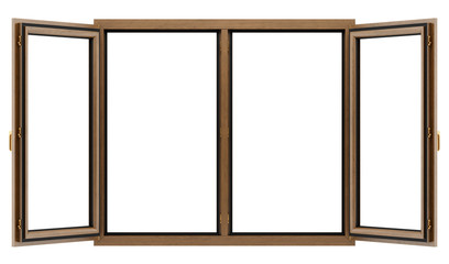 open brown wooden window isolated on white background