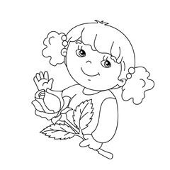 Coloring page outline of Beautiful girl with rose  in hand