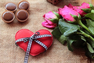 Chocolate and red hearts for valentines day.