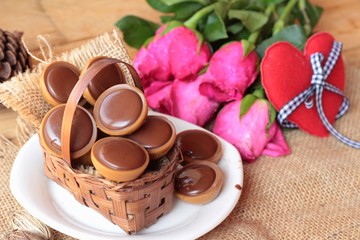 Chocolate and red hearts for valentines day.
