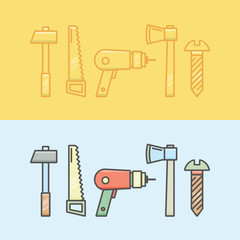 Vector collection of renovation icons: hammer, saw, drill, axe, screw.