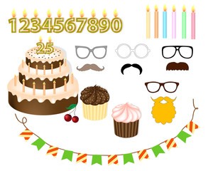 Birthday party set. Celebration party carnival festive icons set (glasses, mustache, cake, candles)