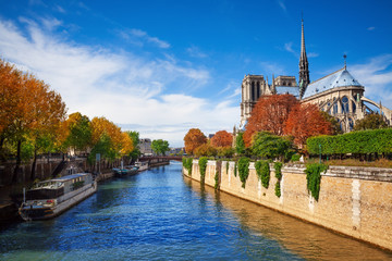 Notre Dame cathedral in Paris and  Seine river