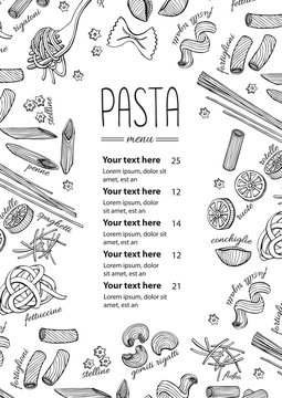 Vector hand drawn pasta menu. Vintage  line art illustration