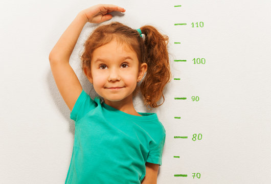 Close portrait of a girl show height on wall scale