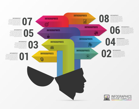Infographics. Creative head. Colorful arrows with icons. Vector
