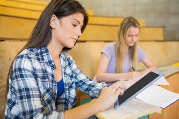 Pretty brunette student using tablet