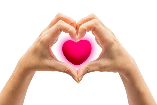 pink heart in man hands, isolated on white background.